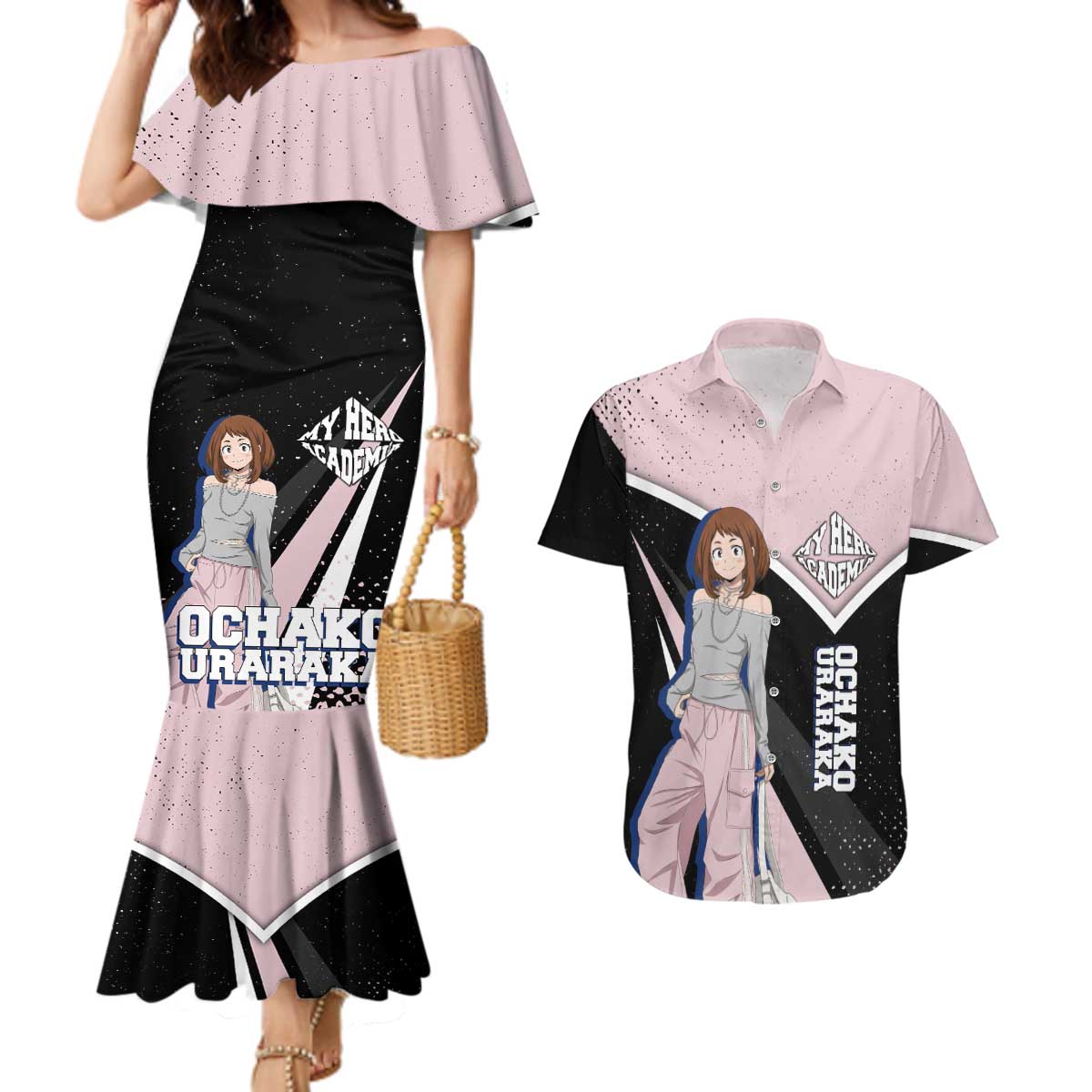 Ochako Uraraka My Hero Academia Couples Matching Mermaid Dress and Hawaiian Shirt Anime Grunge Splatter Graphic Style
