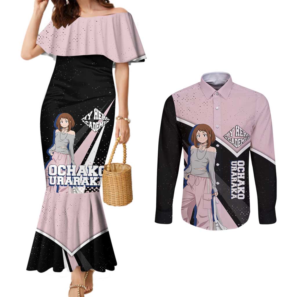 Ochako Uraraka My Hero Academia Couples Matching Mermaid Dress and Long Sleeve Button Shirt Anime Grunge Splatter Graphic Style