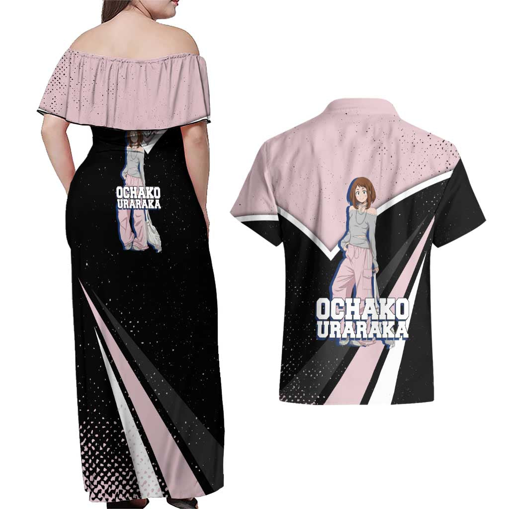 Ochako Uraraka My Hero Academia Couples Matching Off Shoulder Maxi Dress and Hawaiian Shirt Anime Grunge Splatter Graphic Style