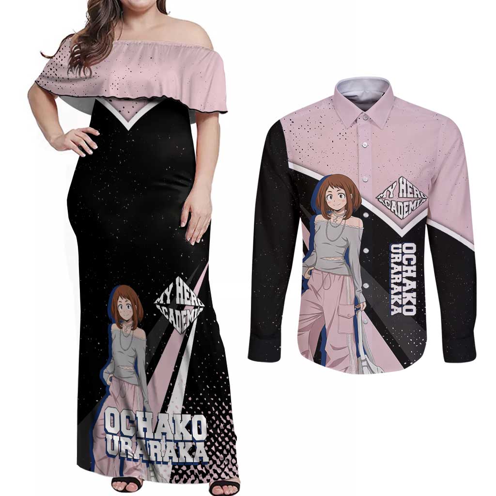 Ochako Uraraka My Hero Academia Couples Matching Off Shoulder Maxi Dress and Long Sleeve Button Shirt Anime Grunge Splatter Graphic Style