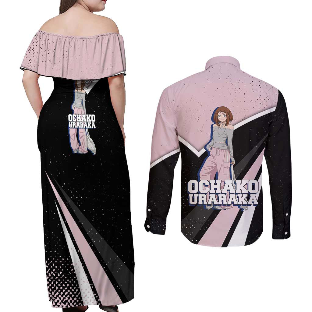 Ochako Uraraka My Hero Academia Couples Matching Off Shoulder Maxi Dress and Long Sleeve Button Shirt Anime Grunge Splatter Graphic Style
