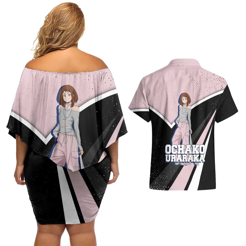 Ochako Uraraka My Hero Academia Couples Matching Off Shoulder Short Dress and Hawaiian Shirt Anime Grunge Splatter Graphic Style