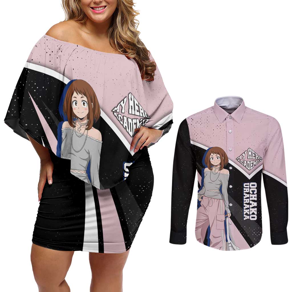 Ochako Uraraka My Hero Academia Couples Matching Off Shoulder Short Dress and Long Sleeve Button Shirt Anime Grunge Splatter Graphic Style