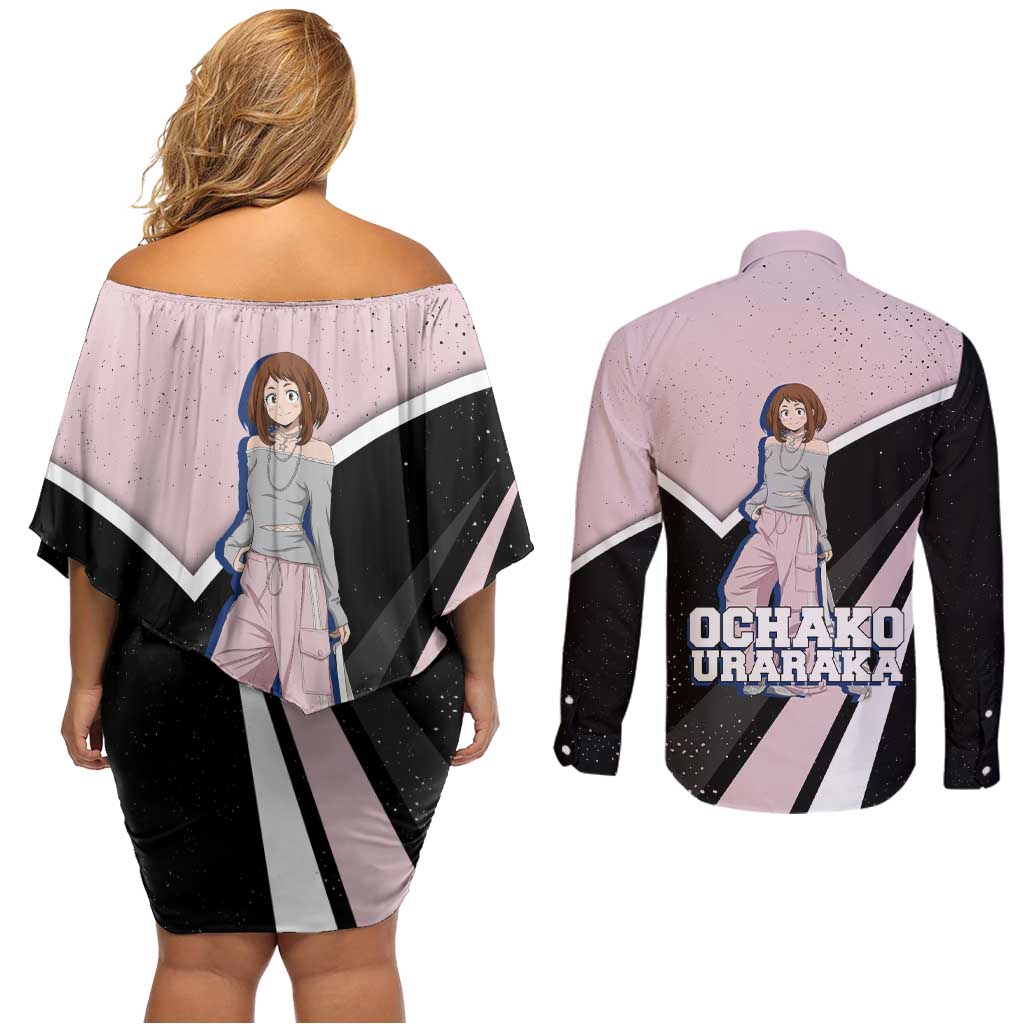 Ochako Uraraka My Hero Academia Couples Matching Off Shoulder Short Dress and Long Sleeve Button Shirt Anime Grunge Splatter Graphic Style