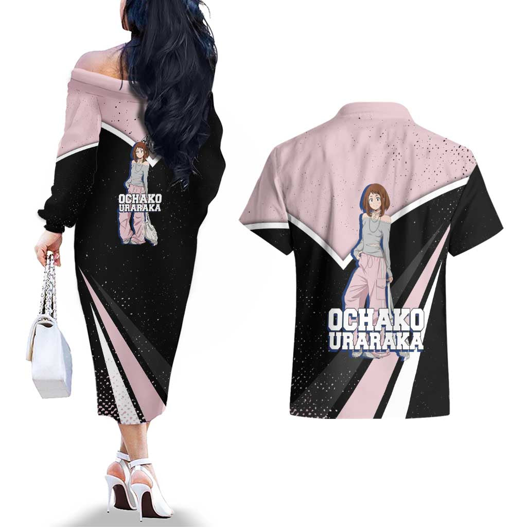 Ochako Uraraka My Hero Academia Couples Matching Off The Shoulder Long Sleeve Dress and Hawaiian Shirt Anime Grunge Splatter Graphic Style