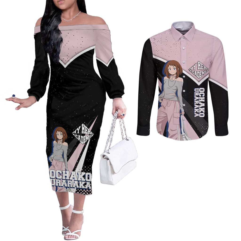 Ochako Uraraka My Hero Academia Couples Matching Off The Shoulder Long Sleeve Dress and Long Sleeve Button Shirt Anime Grunge Splatter Graphic Style