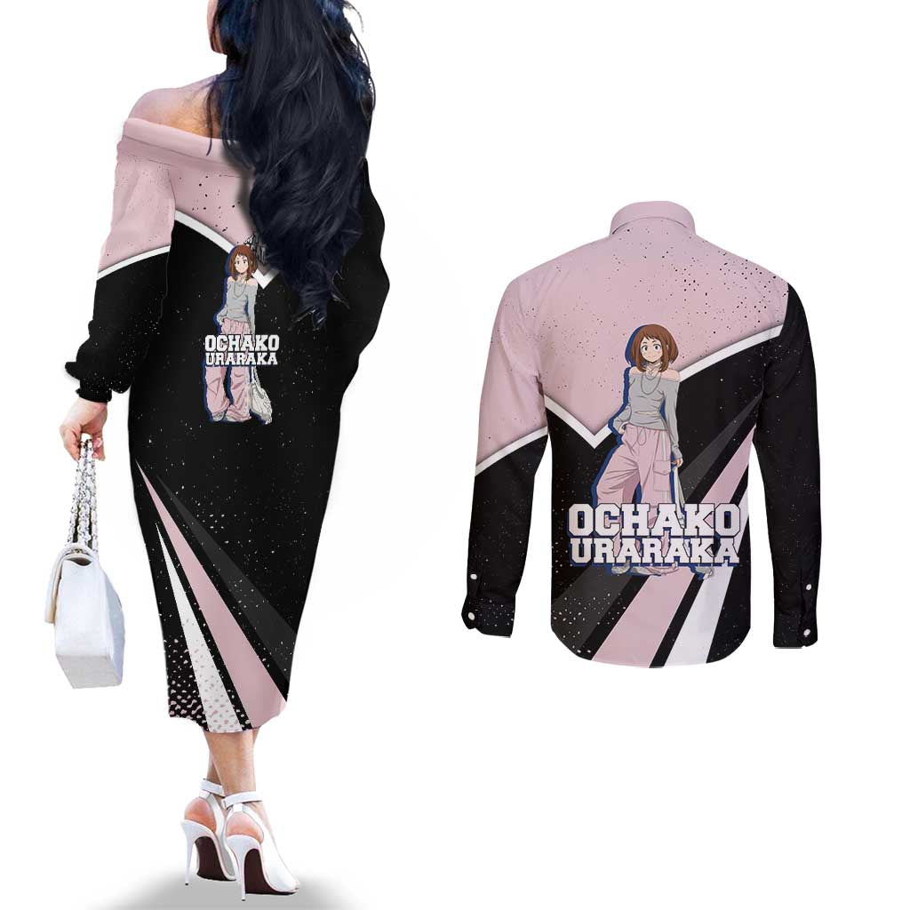 Ochako Uraraka My Hero Academia Couples Matching Off The Shoulder Long Sleeve Dress and Long Sleeve Button Shirt Anime Grunge Splatter Graphic Style