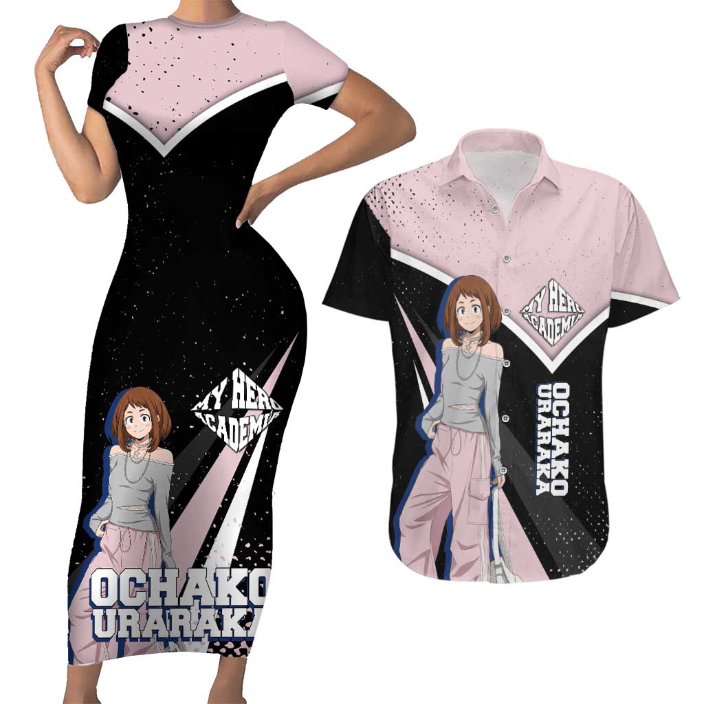 Ochako Uraraka My Hero Academia Couples Matching Short Sleeve Bodycon Dress and Hawaiian Shirt Anime Grunge Splatter Graphic Style