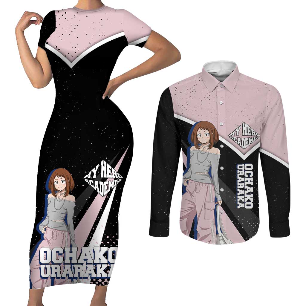 Ochako Uraraka My Hero Academia Couples Matching Short Sleeve Bodycon Dress and Long Sleeve Button Shirt Anime Grunge Splatter Graphic Style