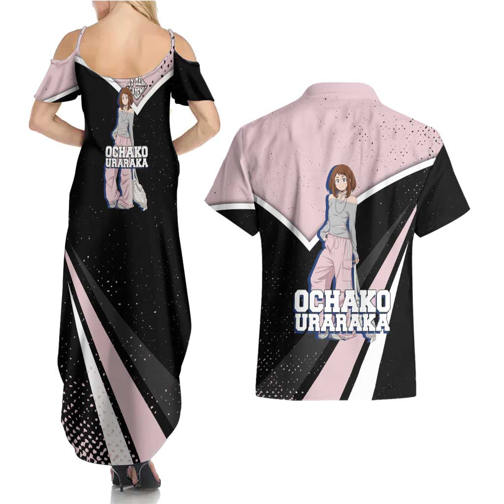 Ochako Uraraka My Hero Academia Couples Matching Summer Maxi Dress and Hawaiian Shirt Anime Grunge Splatter Graphic Style