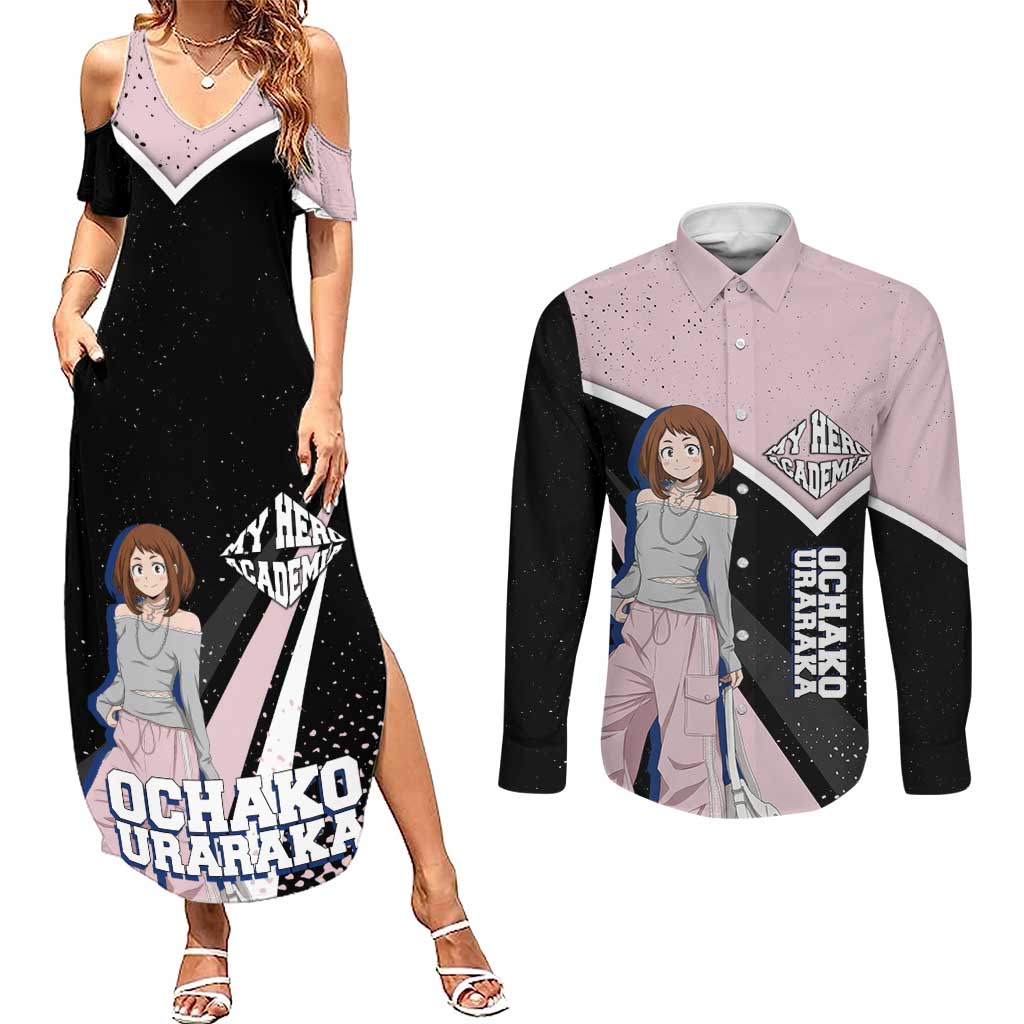 Ochako Uraraka My Hero Academia Couples Matching Summer Maxi Dress and Long Sleeve Button Shirt Anime Grunge Splatter Graphic Style