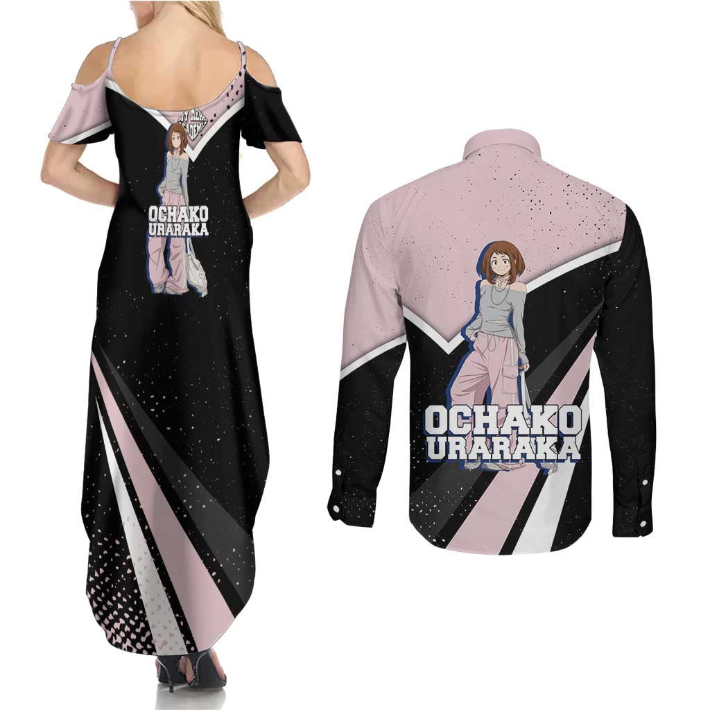 Ochako Uraraka My Hero Academia Couples Matching Summer Maxi Dress and Long Sleeve Button Shirt Anime Grunge Splatter Graphic Style