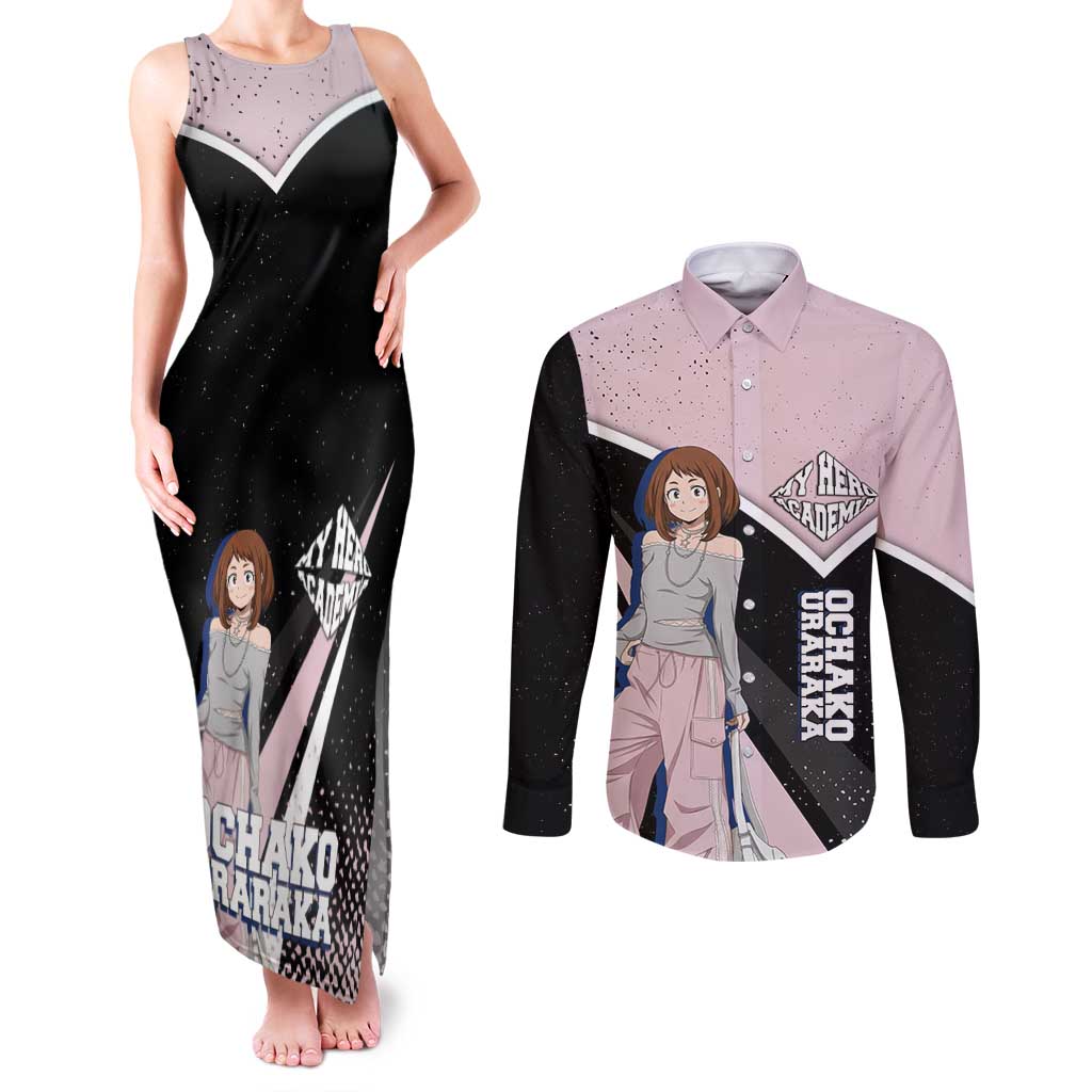 Ochako Uraraka My Hero Academia Couples Matching Tank Maxi Dress and Long Sleeve Button Shirt Anime Grunge Splatter Graphic Style