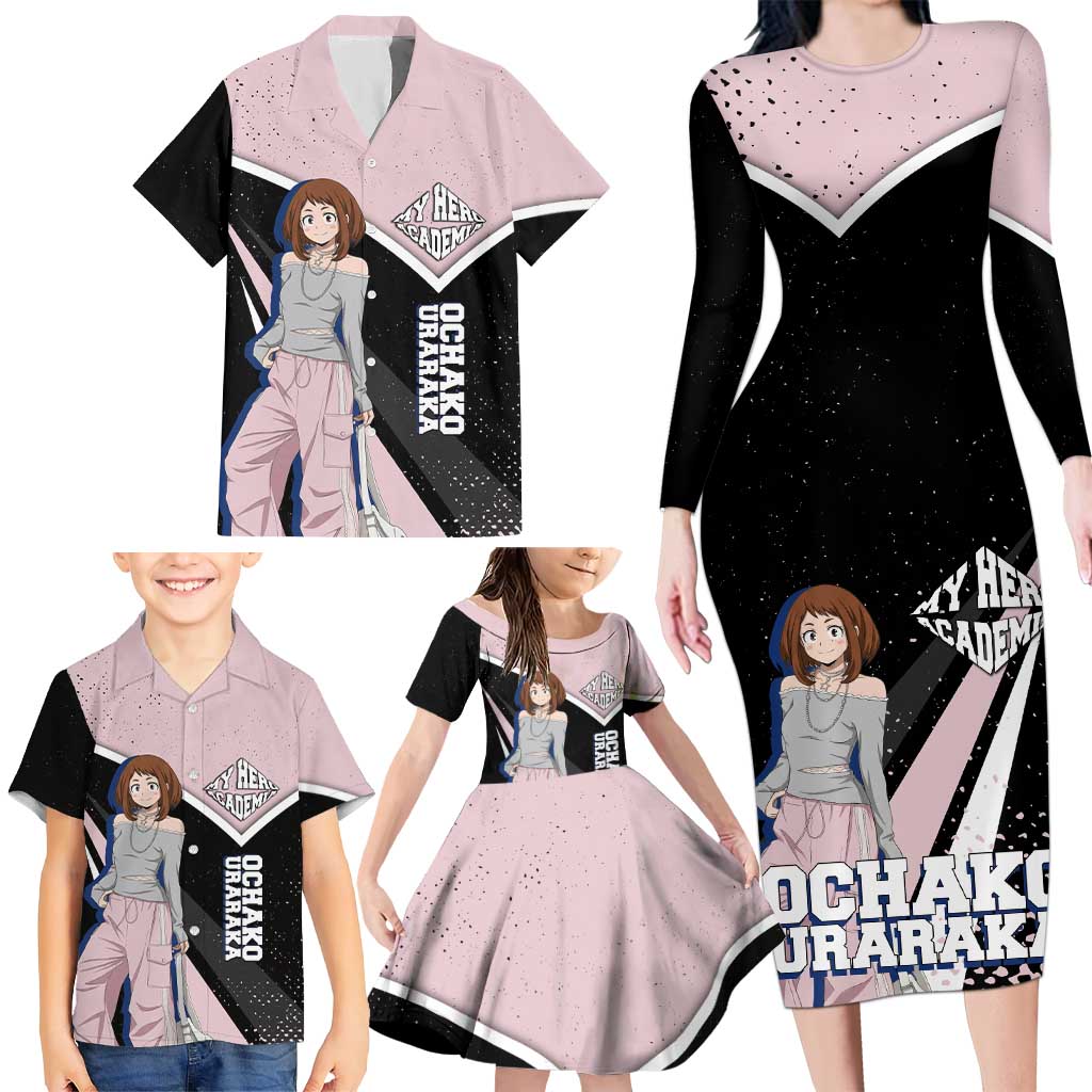Ochako Uraraka My Hero Academia Family Matching Long Sleeve Bodycon Dress and Hawaiian Shirt Anime Grunge Splatter Graphic Style