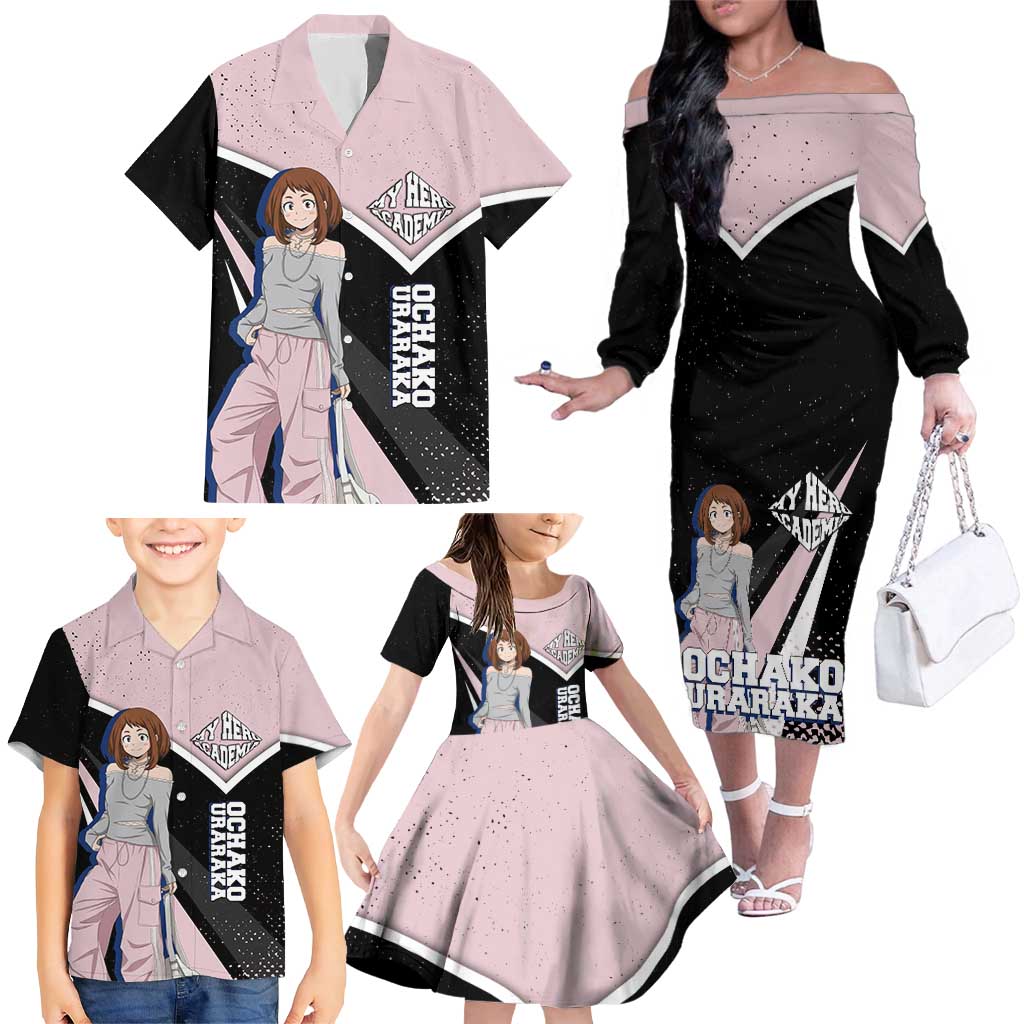 Ochako Uraraka My Hero Academia Family Matching Off The Shoulder Long Sleeve Dress and Hawaiian Shirt Anime Grunge Splatter Graphic Style
