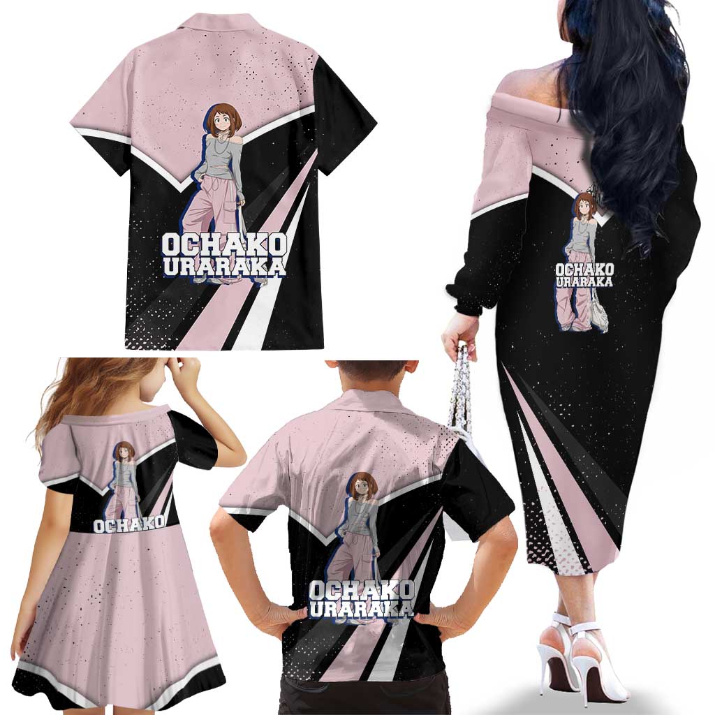 Ochako Uraraka My Hero Academia Family Matching Off The Shoulder Long Sleeve Dress and Hawaiian Shirt Anime Grunge Splatter Graphic Style