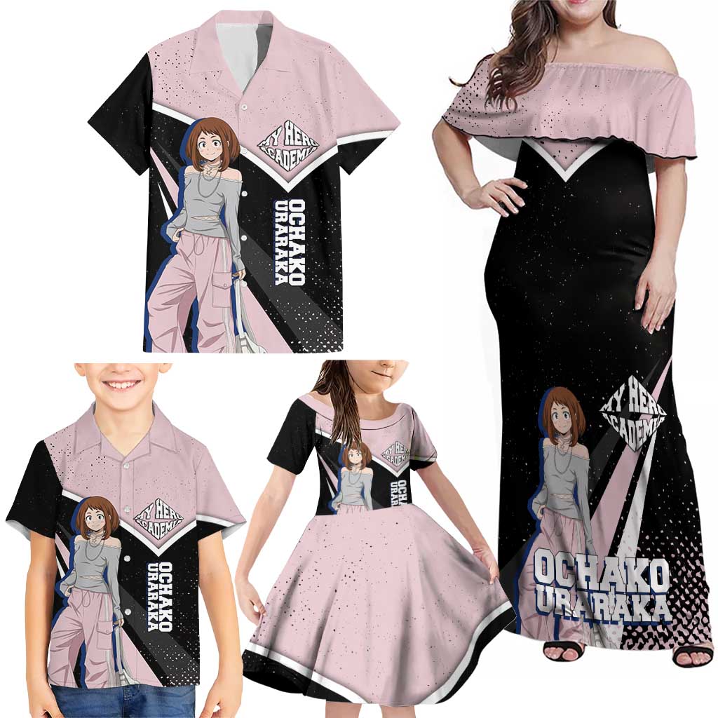 Ochako Uraraka My Hero Academia Family Matching Off Shoulder Maxi Dress and Hawaiian Shirt Anime Grunge Splatter Graphic Style