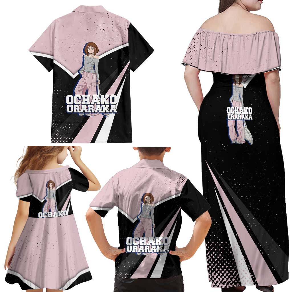 Ochako Uraraka My Hero Academia Family Matching Off Shoulder Maxi Dress and Hawaiian Shirt Anime Grunge Splatter Graphic Style
