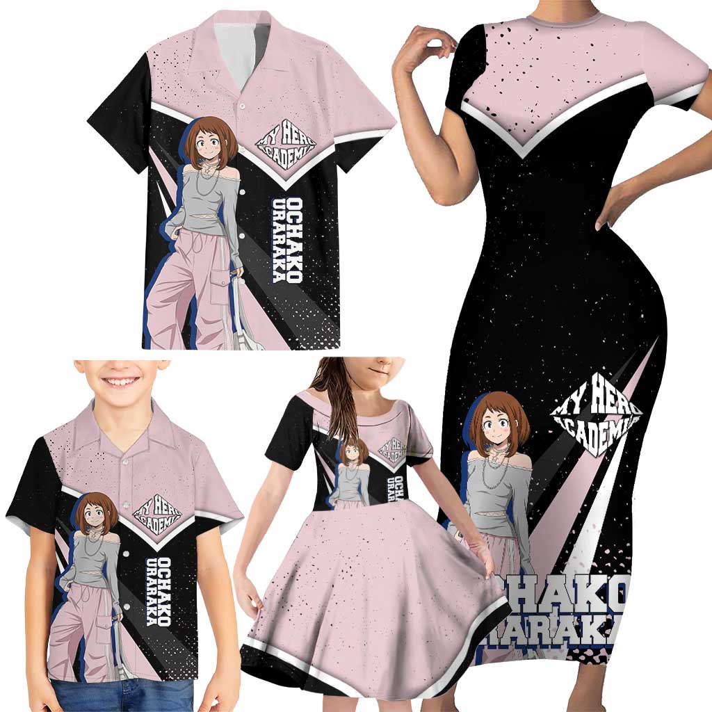 Ochako Uraraka My Hero Academia Family Matching Short Sleeve Bodycon Dress and Hawaiian Shirt Anime Grunge Splatter Graphic Style