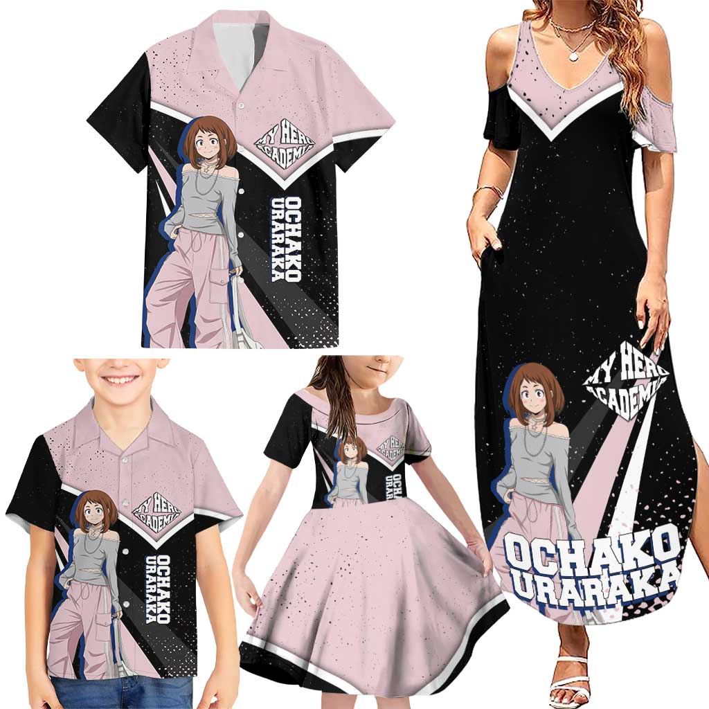 Ochako Uraraka My Hero Academia Family Matching Summer Maxi Dress and Hawaiian Shirt Anime Grunge Splatter Graphic Style