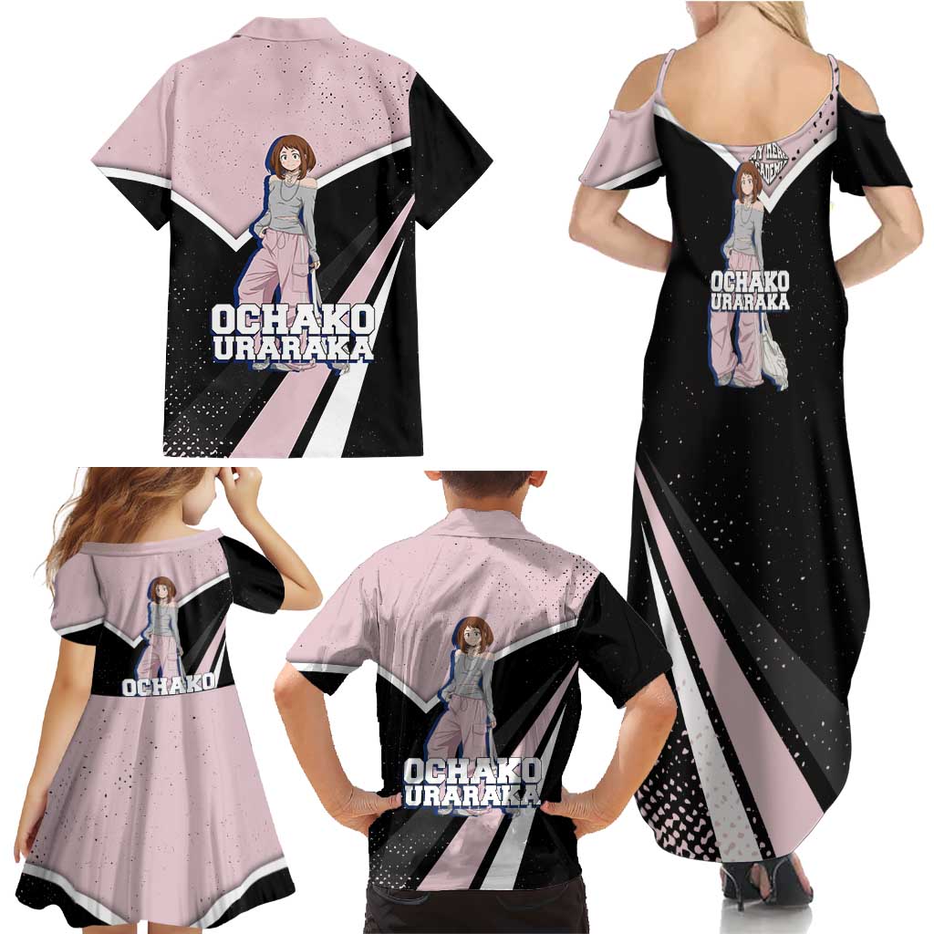 Ochako Uraraka My Hero Academia Family Matching Summer Maxi Dress and Hawaiian Shirt Anime Grunge Splatter Graphic Style