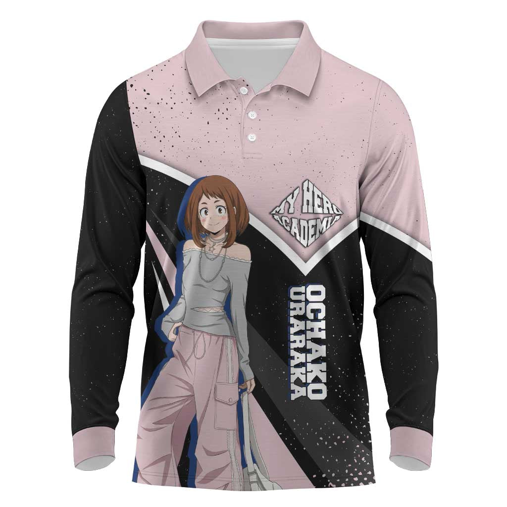 Ochako Uraraka My Hero Academia Long Sleeve Polo Shirt Anime Grunge Splatter Graphic Style