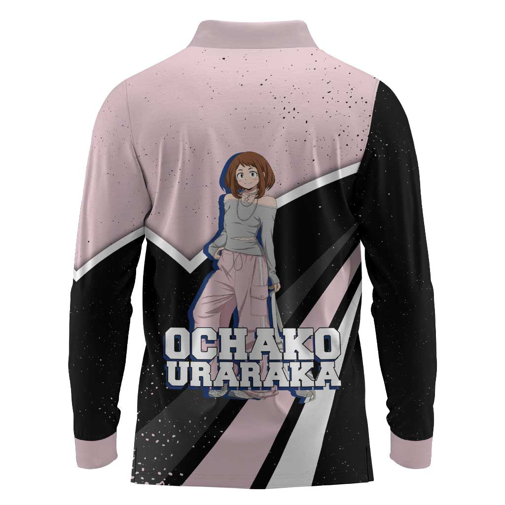 Ochako Uraraka My Hero Academia Long Sleeve Polo Shirt Anime Grunge Splatter Graphic Style
