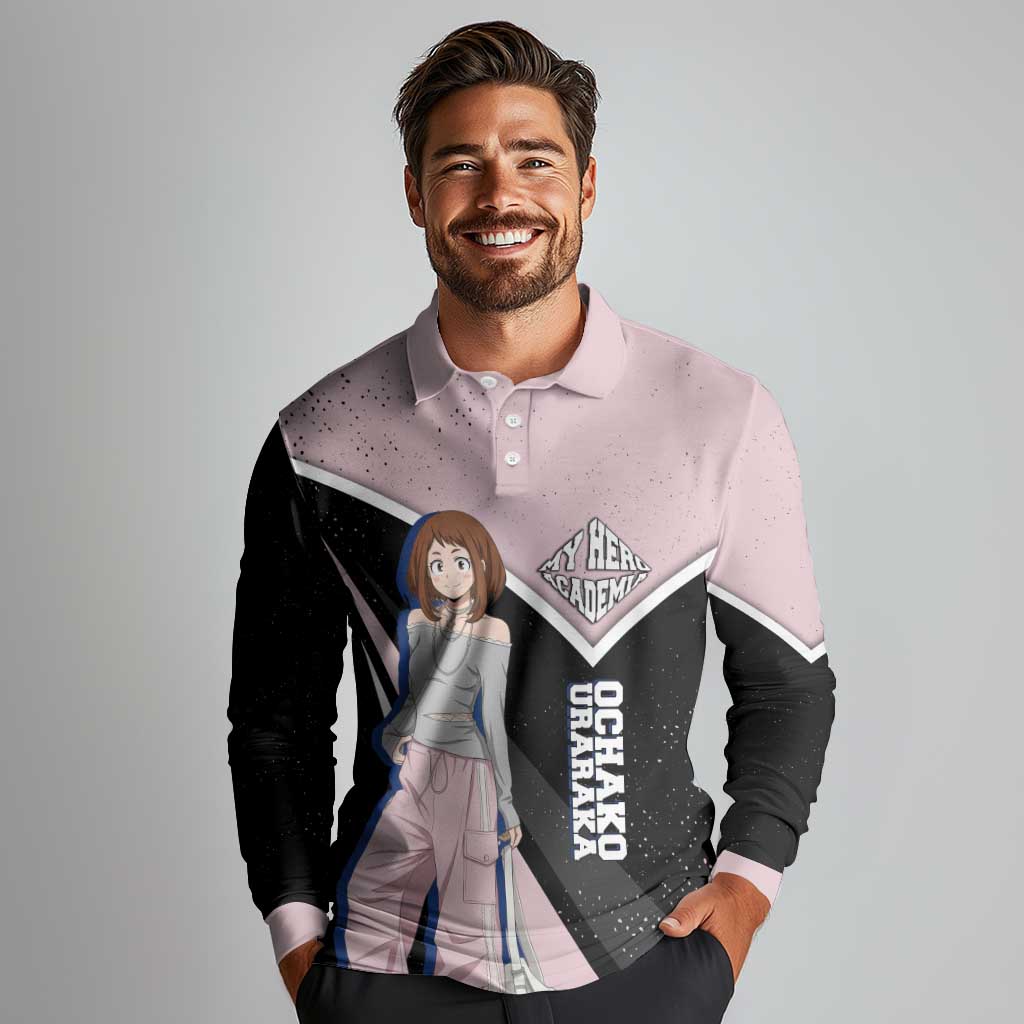 Ochako Uraraka My Hero Academia Long Sleeve Polo Shirt Anime Grunge Splatter Graphic Style