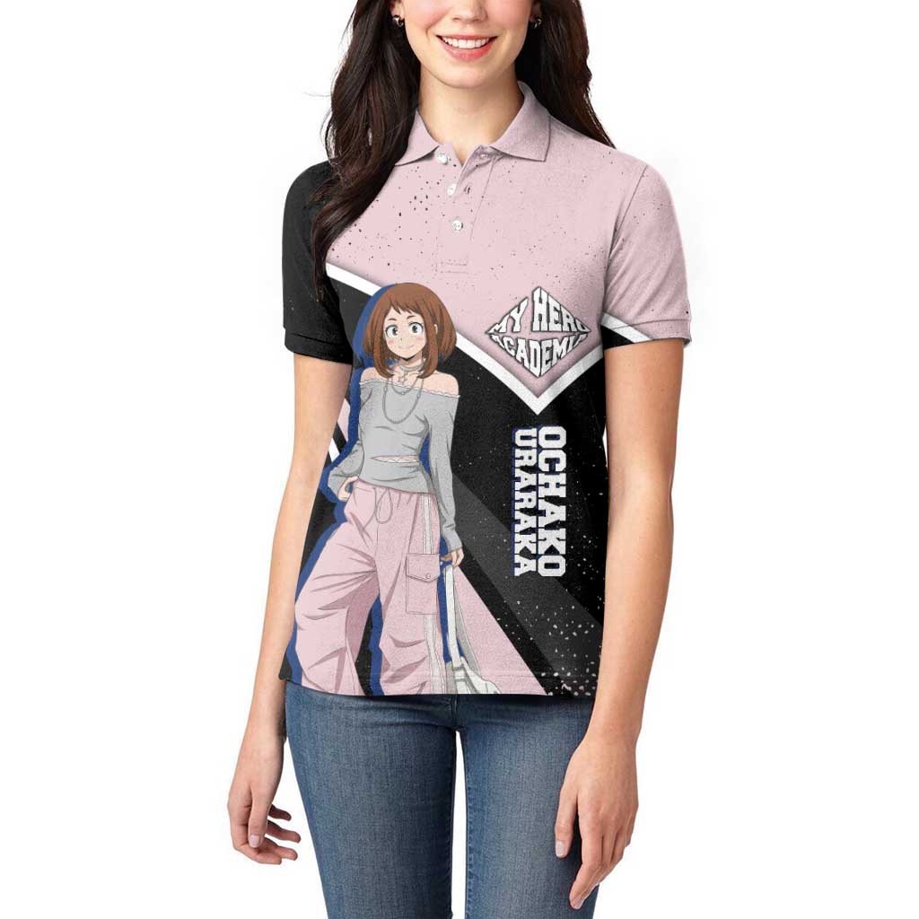 Ochako Uraraka My Hero Academia Women Polo Shirt Anime Grunge Splatter Graphic Style