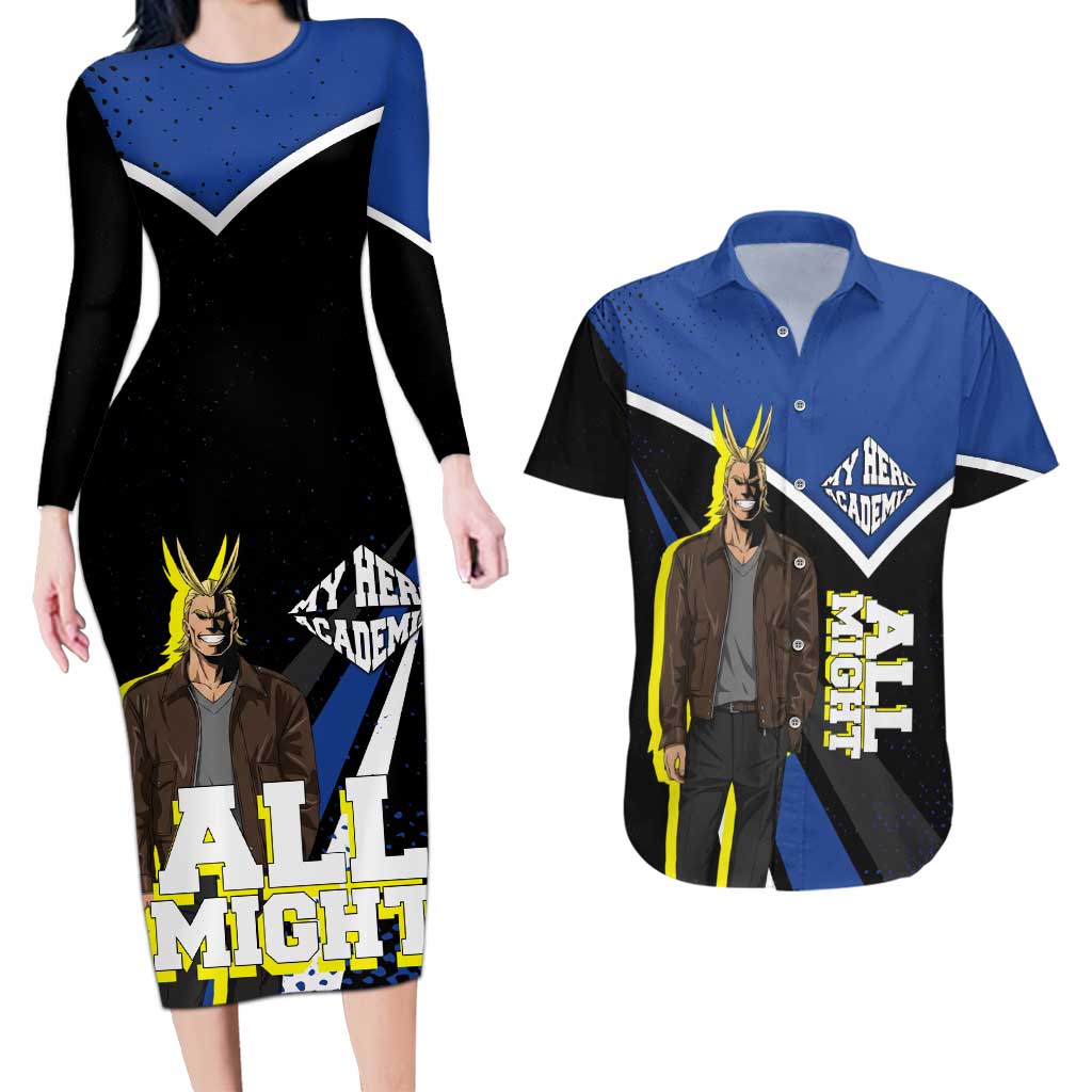 All Might My Hero Academia Couples Matching Long Sleeve Bodycon Dress and Hawaiian Shirt Anime Grunge Splatter Graphic Style