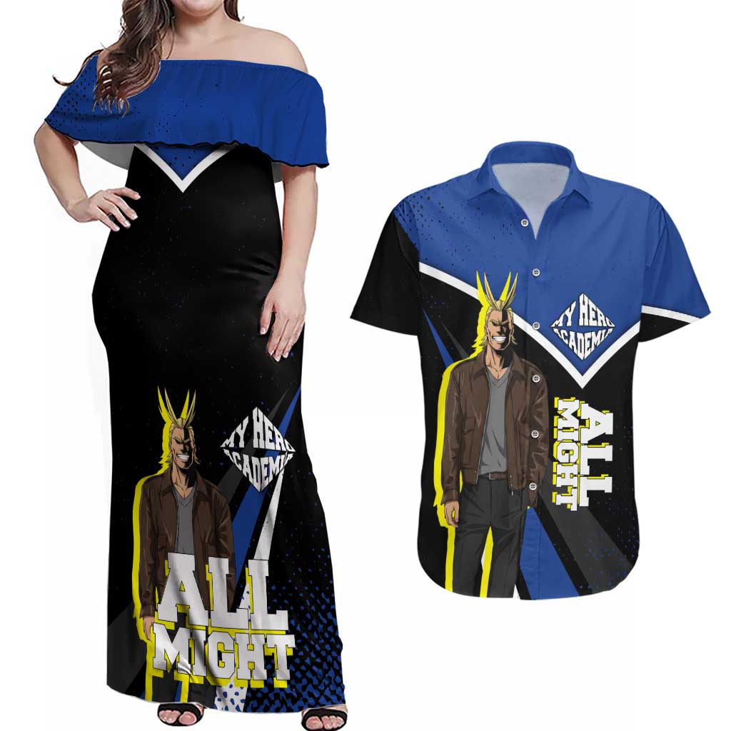 All Might My Hero Academia Couples Matching Off Shoulder Maxi Dress and Hawaiian Shirt Anime Grunge Splatter Graphic Style