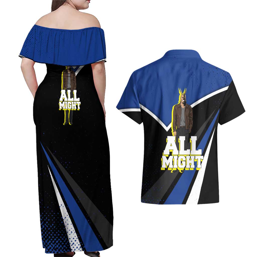 All Might My Hero Academia Couples Matching Off Shoulder Maxi Dress and Hawaiian Shirt Anime Grunge Splatter Graphic Style