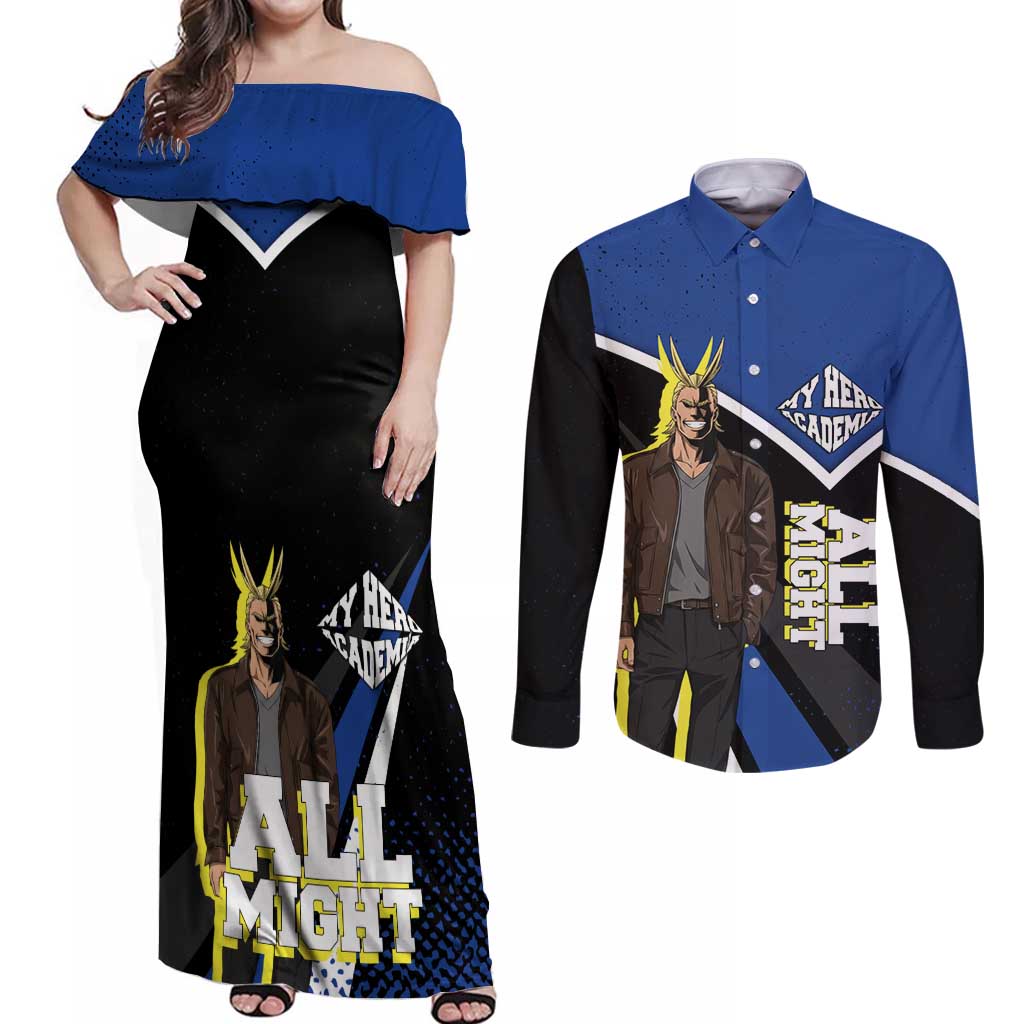 All Might My Hero Academia Couples Matching Off Shoulder Maxi Dress and Long Sleeve Button Shirt Anime Grunge Splatter Graphic Style