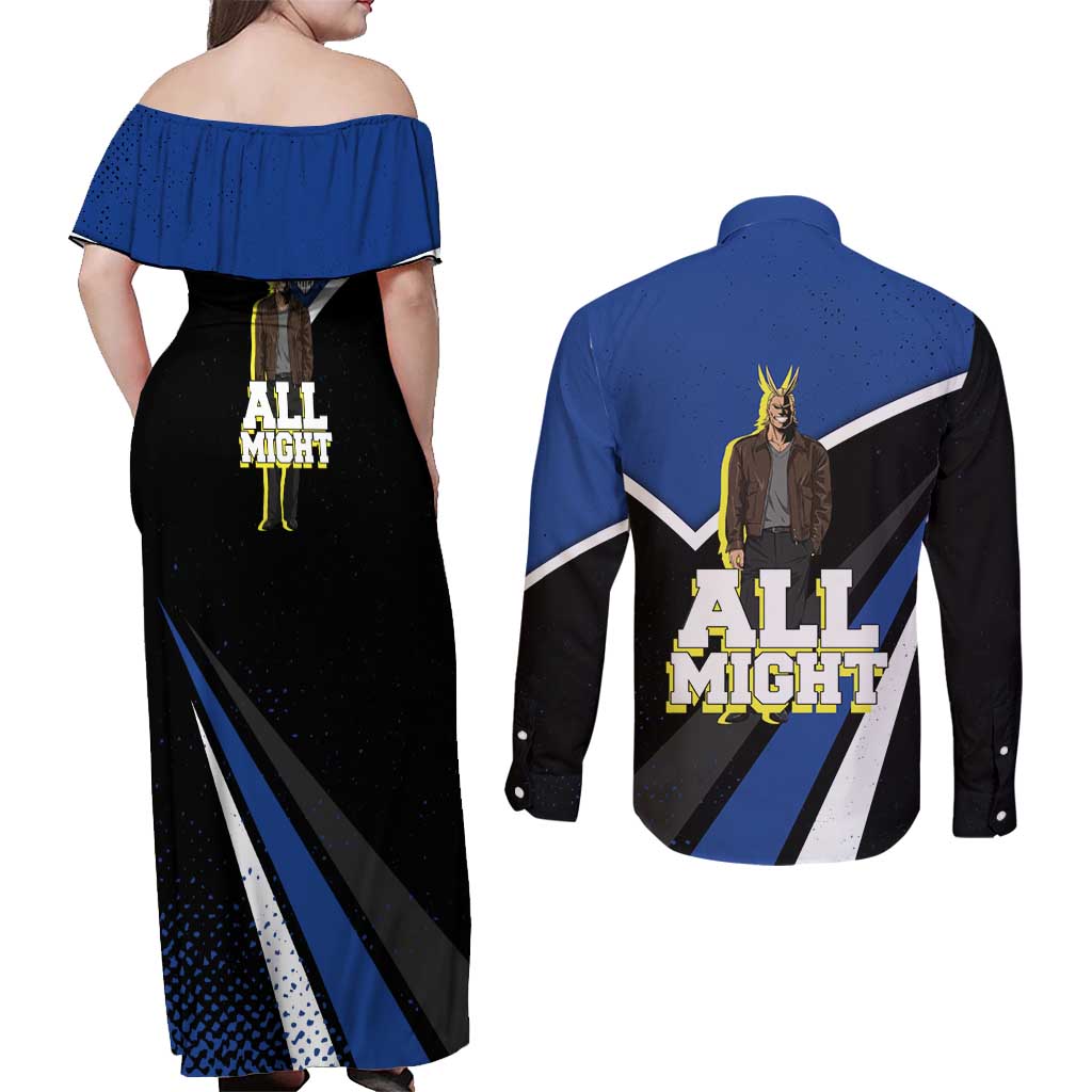 All Might My Hero Academia Couples Matching Off Shoulder Maxi Dress and Long Sleeve Button Shirt Anime Grunge Splatter Graphic Style