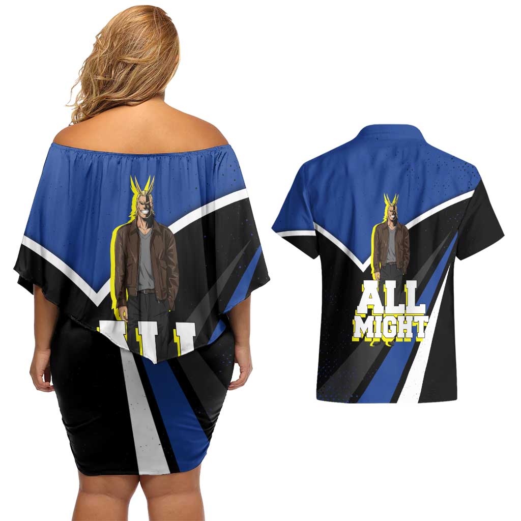 All Might My Hero Academia Couples Matching Off Shoulder Short Dress and Hawaiian Shirt Anime Grunge Splatter Graphic Style