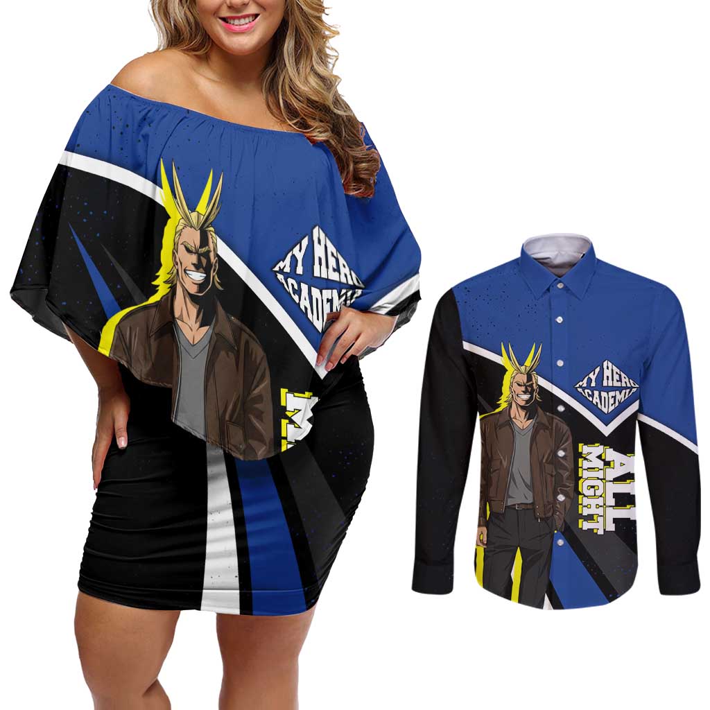 All Might My Hero Academia Couples Matching Off Shoulder Short Dress and Long Sleeve Button Shirt Anime Grunge Splatter Graphic Style