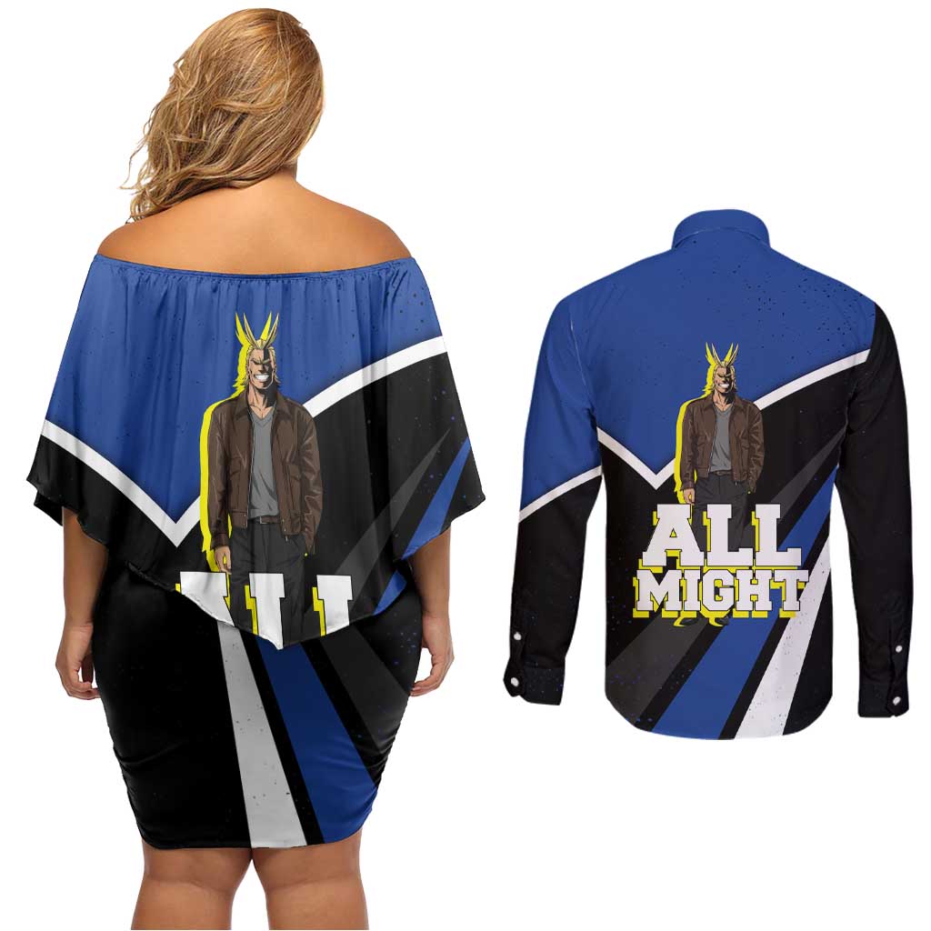 All Might My Hero Academia Couples Matching Off Shoulder Short Dress and Long Sleeve Button Shirt Anime Grunge Splatter Graphic Style