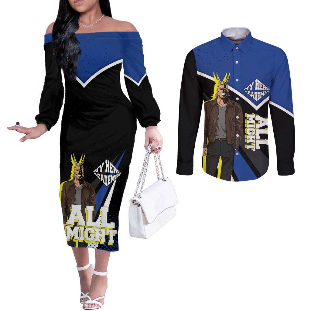 All Might My Hero Academia Couples Matching Off The Shoulder Long Sleeve Dress and Long Sleeve Button Shirt Anime Grunge Splatter Graphic Style
