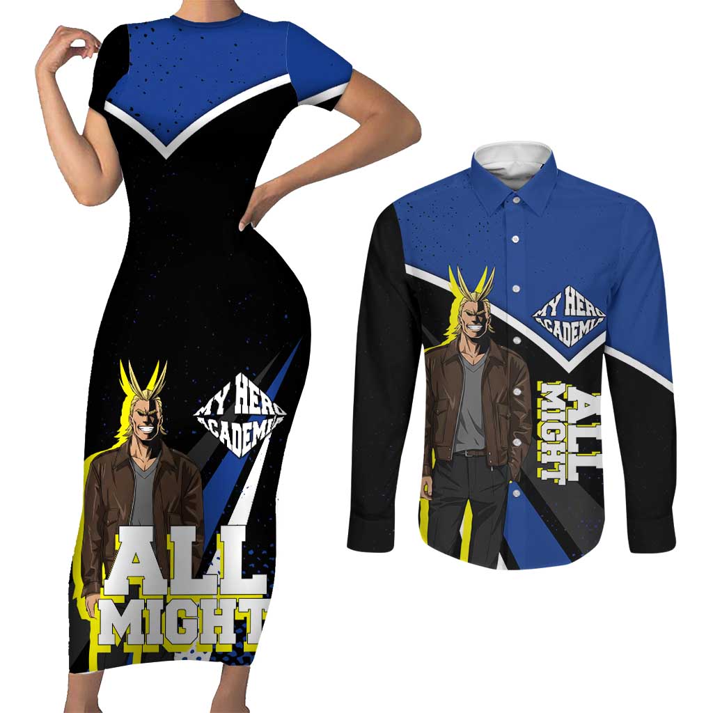 All Might My Hero Academia Couples Matching Short Sleeve Bodycon Dress and Long Sleeve Button Shirt Anime Grunge Splatter Graphic Style