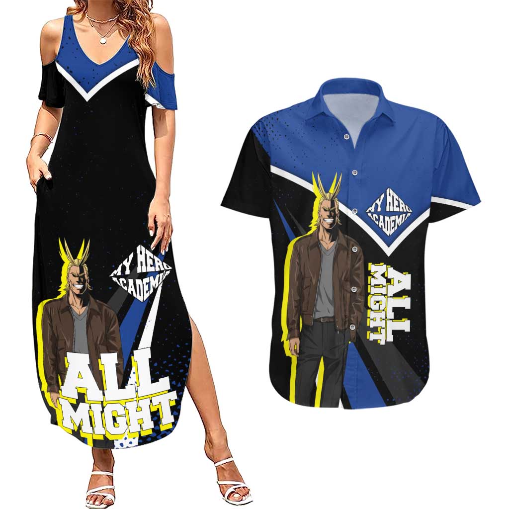 All Might My Hero Academia Couples Matching Summer Maxi Dress and Hawaiian Shirt Anime Grunge Splatter Graphic Style