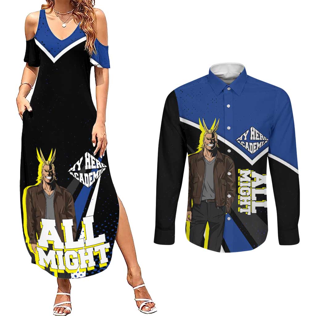 All Might My Hero Academia Couples Matching Summer Maxi Dress and Long Sleeve Button Shirt Anime Grunge Splatter Graphic Style