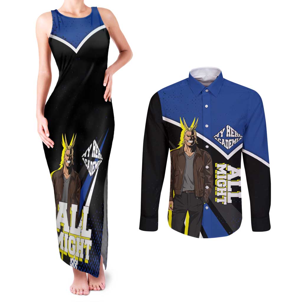 All Might My Hero Academia Couples Matching Tank Maxi Dress and Long Sleeve Button Shirt Anime Grunge Splatter Graphic Style