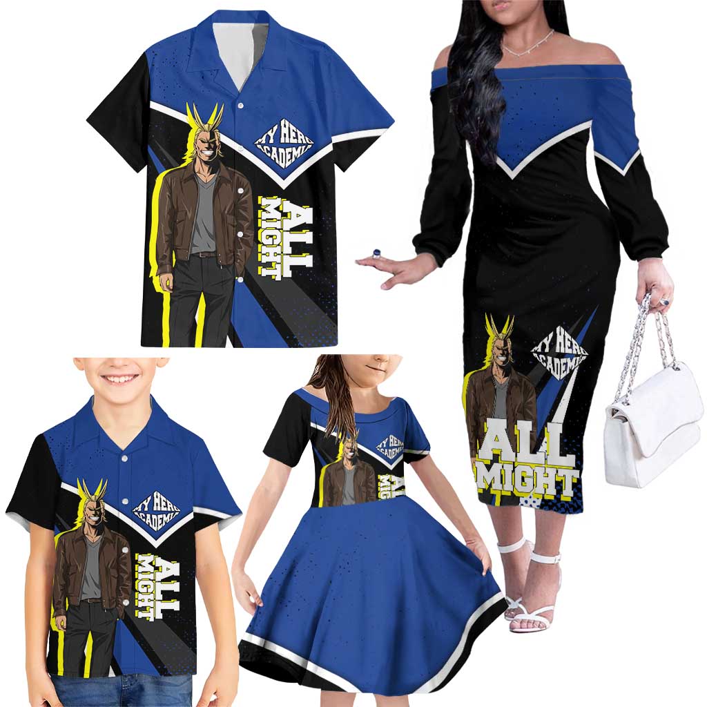 All Might My Hero Academia Family Matching Off The Shoulder Long Sleeve Dress and Hawaiian Shirt Anime Grunge Splatter Graphic Style
