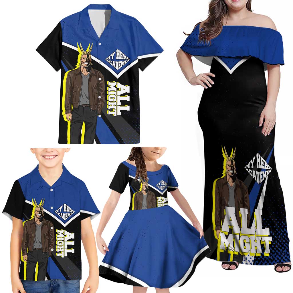 All Might My Hero Academia Family Matching Off Shoulder Maxi Dress and Hawaiian Shirt Anime Grunge Splatter Graphic Style