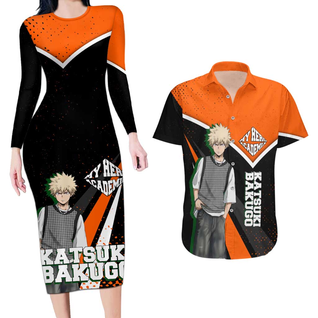 Katsuki Bakugo My Hero Academia Couples Matching Long Sleeve Bodycon Dress and Hawaiian Shirt Anime Grunge Splatter Graphic Style