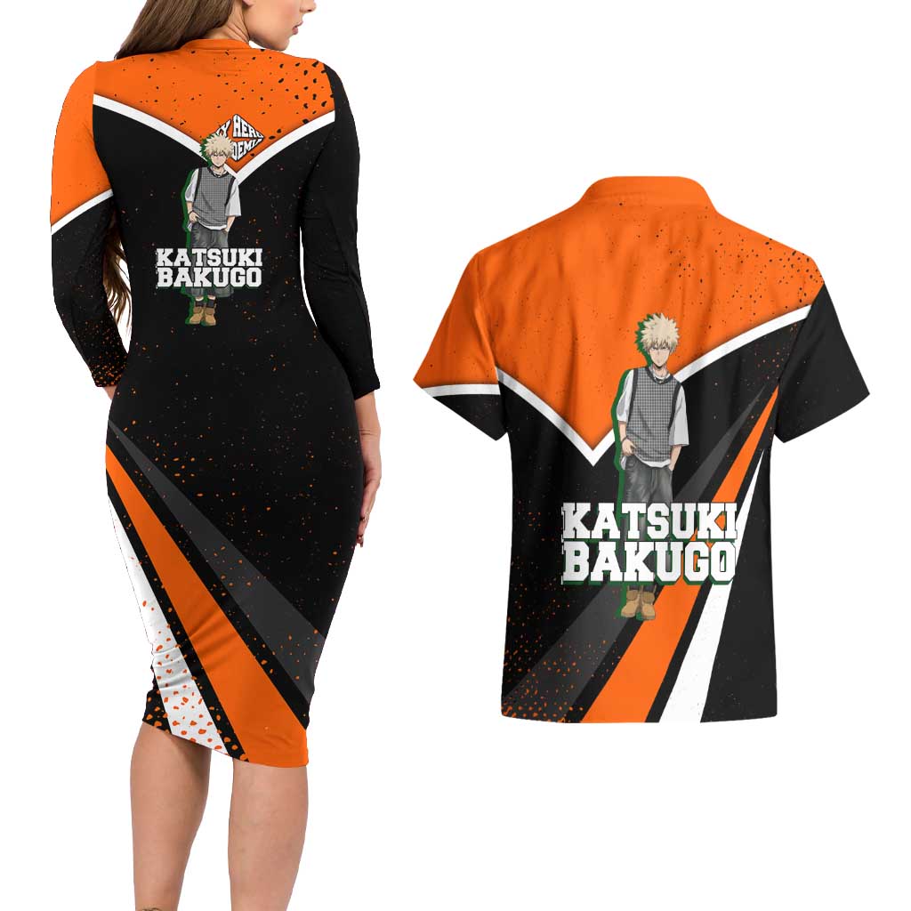 Katsuki Bakugo My Hero Academia Couples Matching Long Sleeve Bodycon Dress and Hawaiian Shirt Anime Grunge Splatter Graphic Style