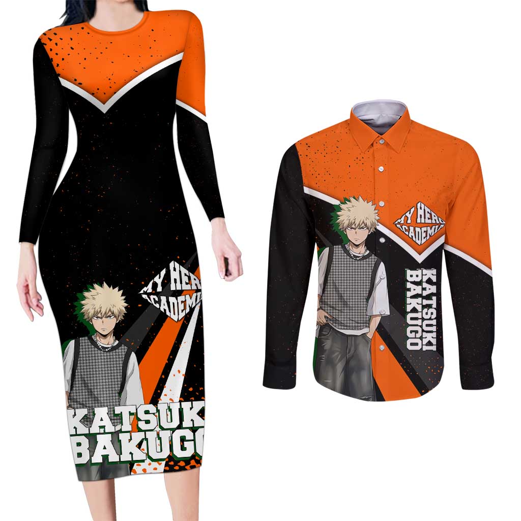 Katsuki Bakugo My Hero Academia Couples Matching Long Sleeve Bodycon Dress and Long Sleeve Button Shirt Anime Grunge Splatter Graphic Style