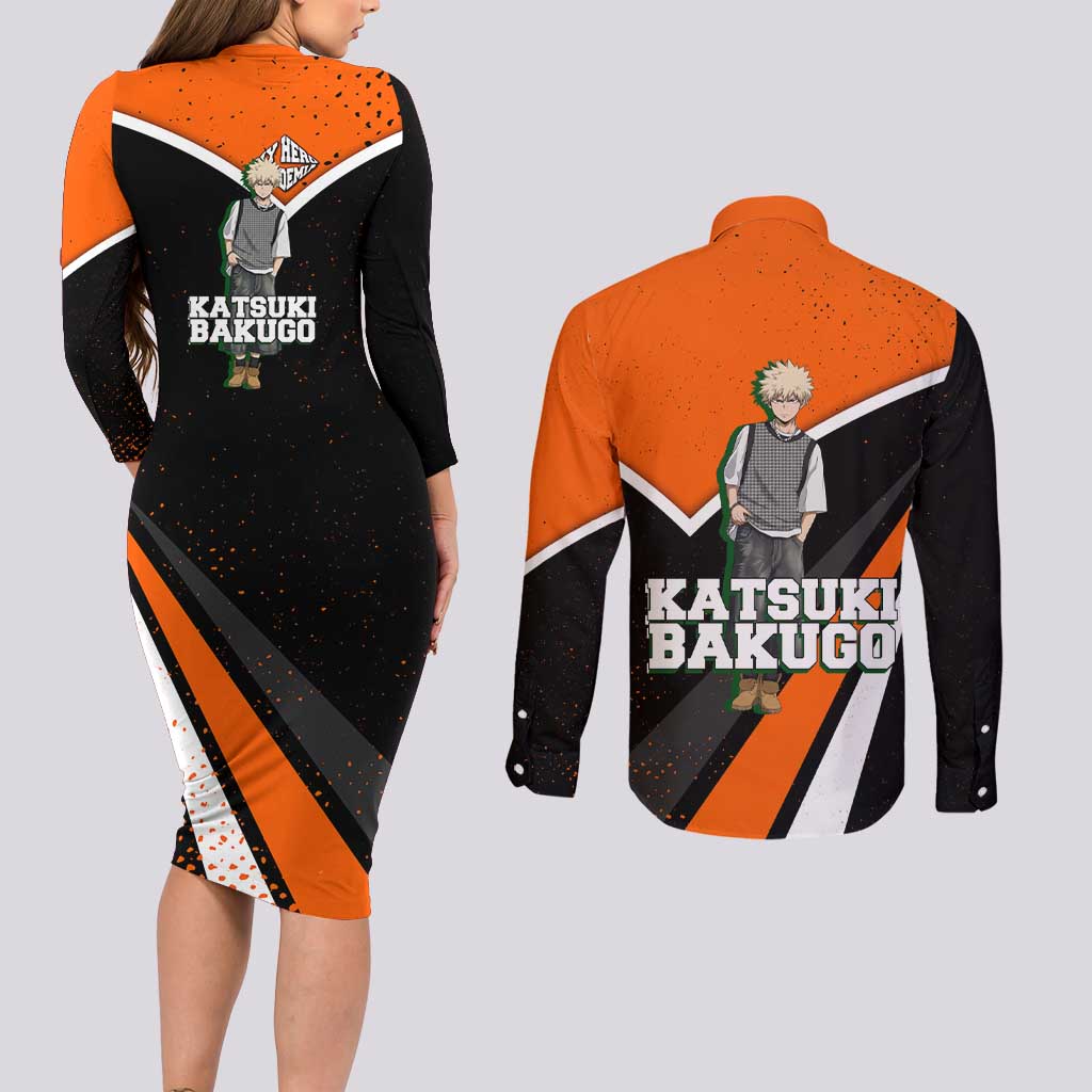 Katsuki Bakugo My Hero Academia Couples Matching Long Sleeve Bodycon Dress and Long Sleeve Button Shirt Anime Grunge Splatter Graphic Style