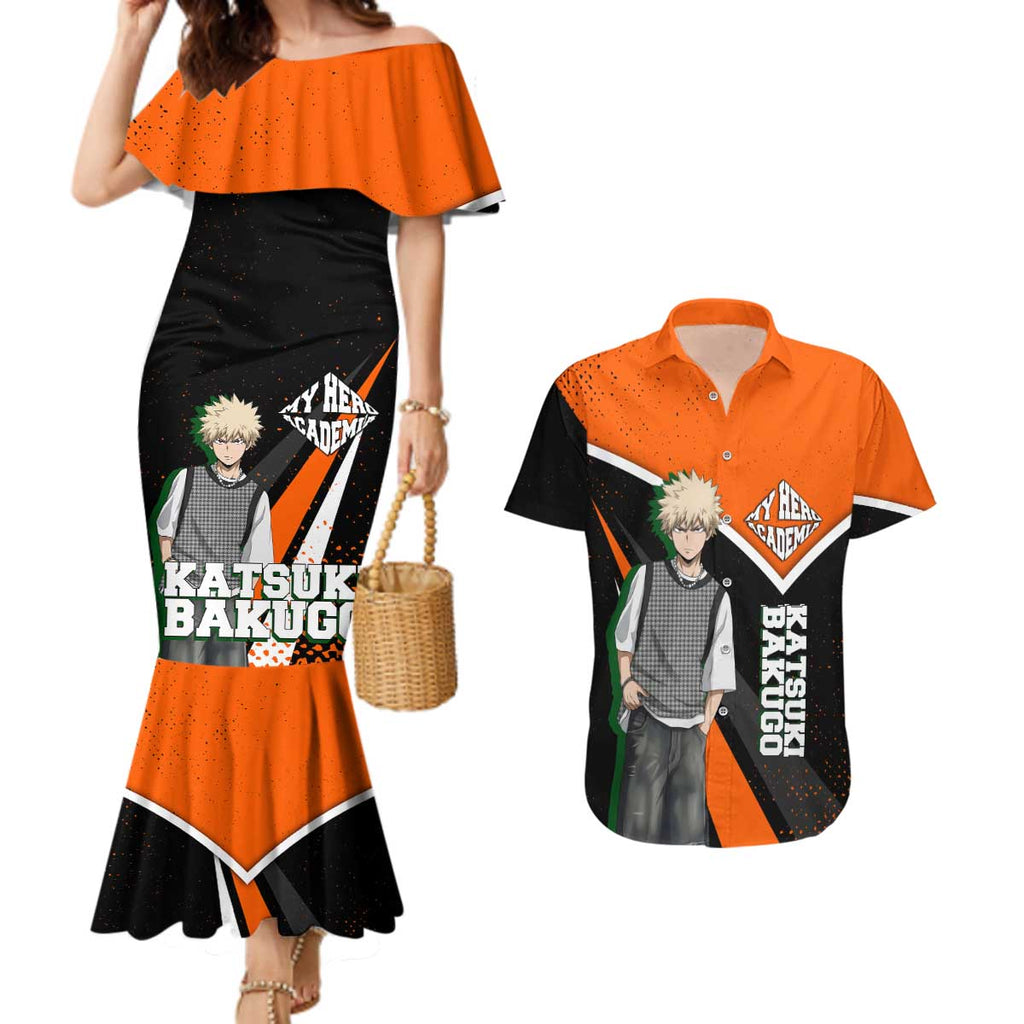 Katsuki Bakugo My Hero Academia Couples Matching Mermaid Dress and Hawaiian Shirt Anime Grunge Splatter Graphic Style