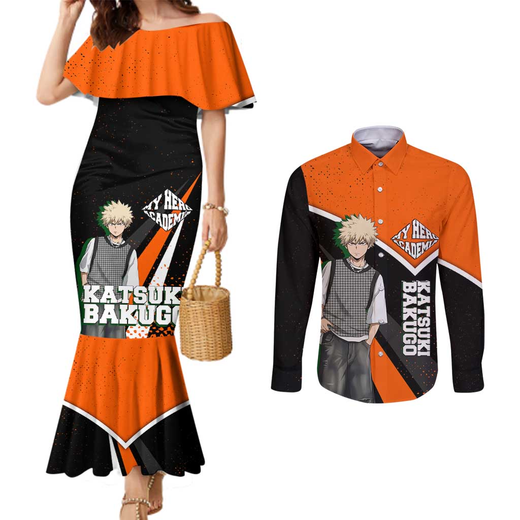 Katsuki Bakugo My Hero Academia Couples Matching Mermaid Dress and Long Sleeve Button Shirt Anime Grunge Splatter Graphic Style